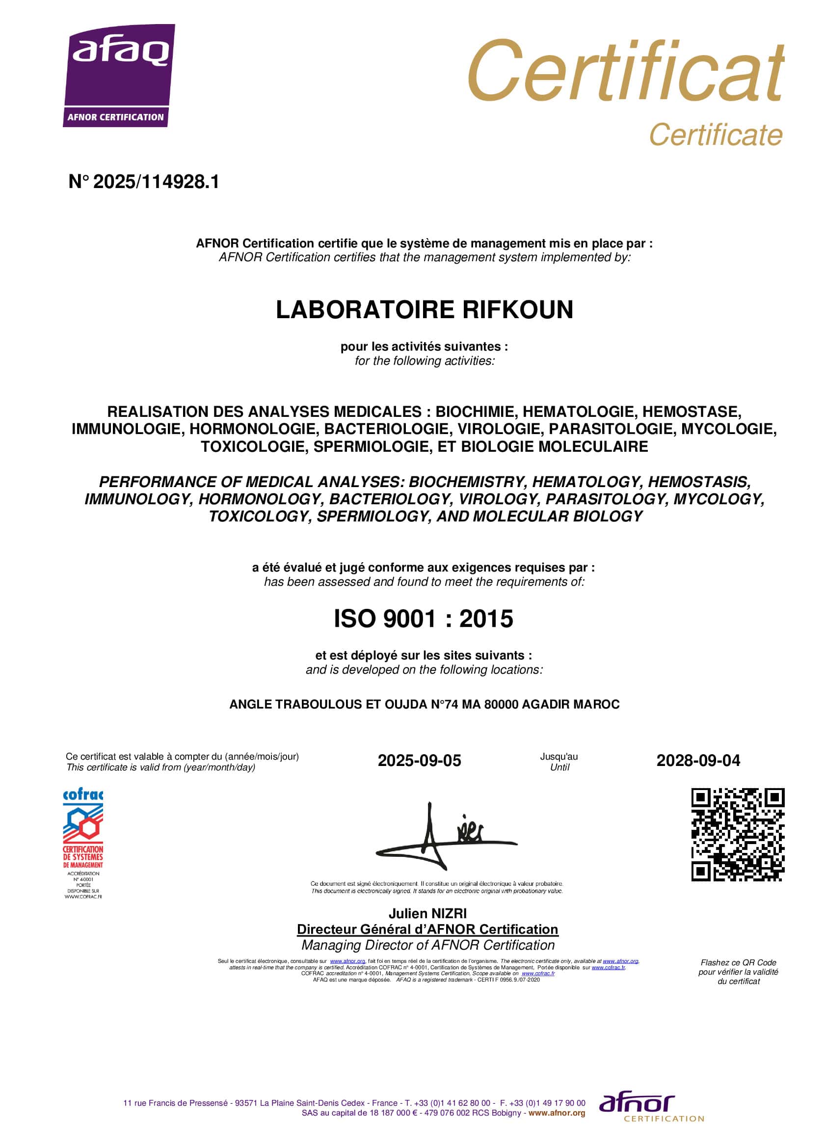Certificat du laboratoire Rifkoun, démontrant la conformité aux éxigeances d'ISO 9001: 2015